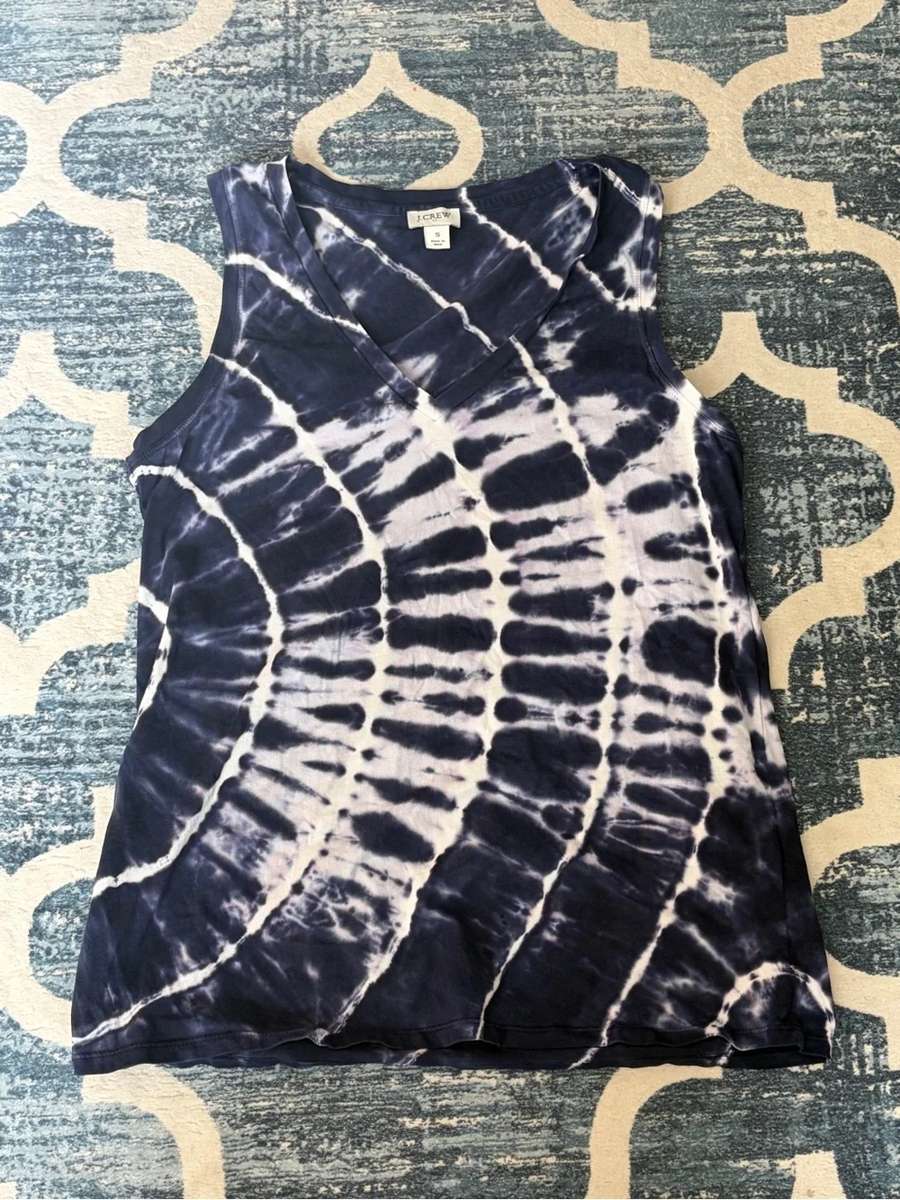 J. Crew Navy and White Tie-Dye V-Neck Tank